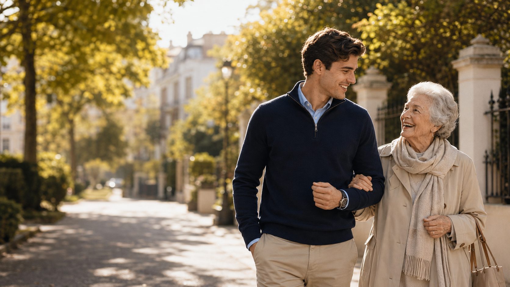 Ein Begleiter und eine ältere Dame beim gemeinsamen Spaziergang, im Gespräch und lachend